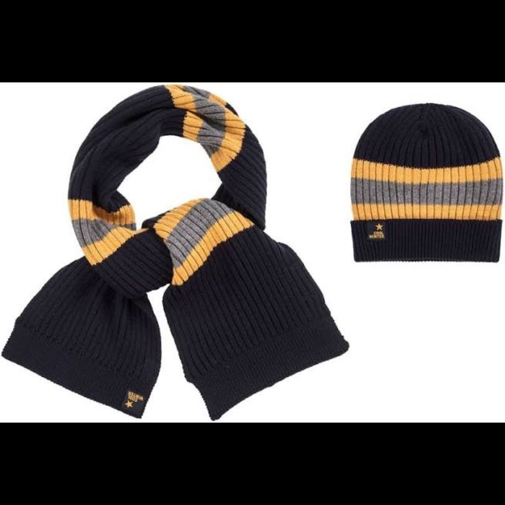 Mayoral Boys 2 Piece Knitted Hat Set navy yellow stripe